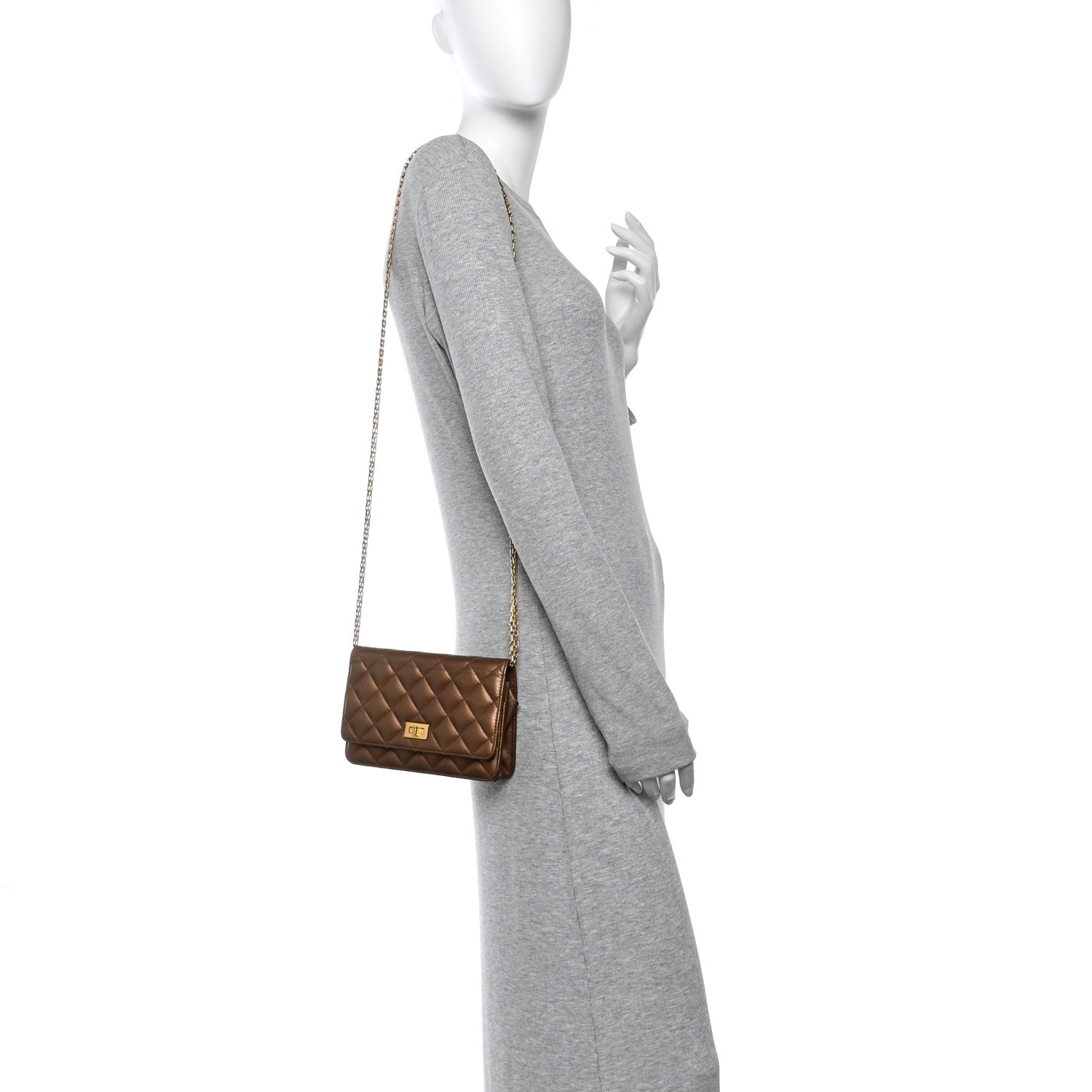 Chanel Metallic Calfskin Quilted 2.55 Reissue Wallet On Chain WOC Bronze