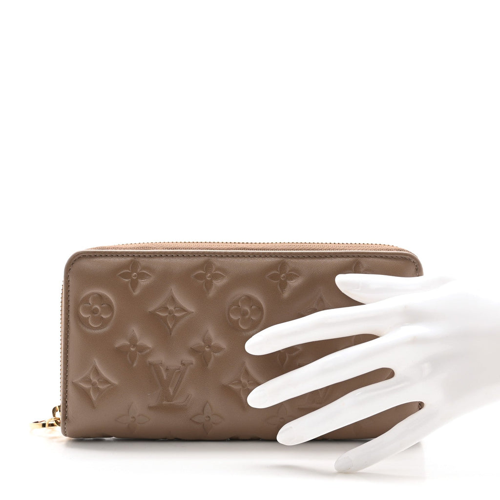 Louis Vuitton Lambskin Embossed Monogram Coussin Zippy Wallet Taupe