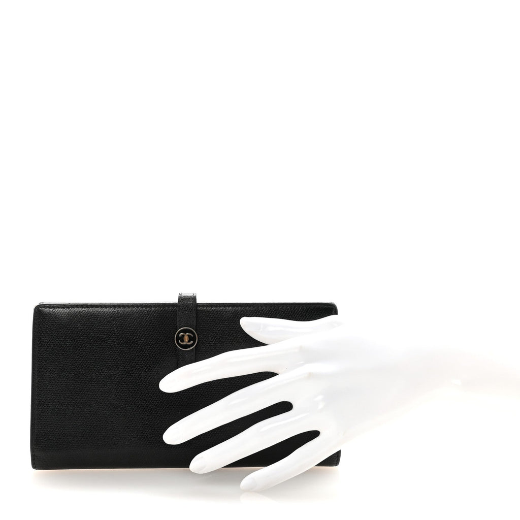 Grained Calfskin CC Button Long Wallet Black