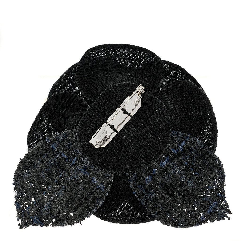 Chanel Tweed Fabric Camellia Pin Brooch 115/46 Navy Blue Black