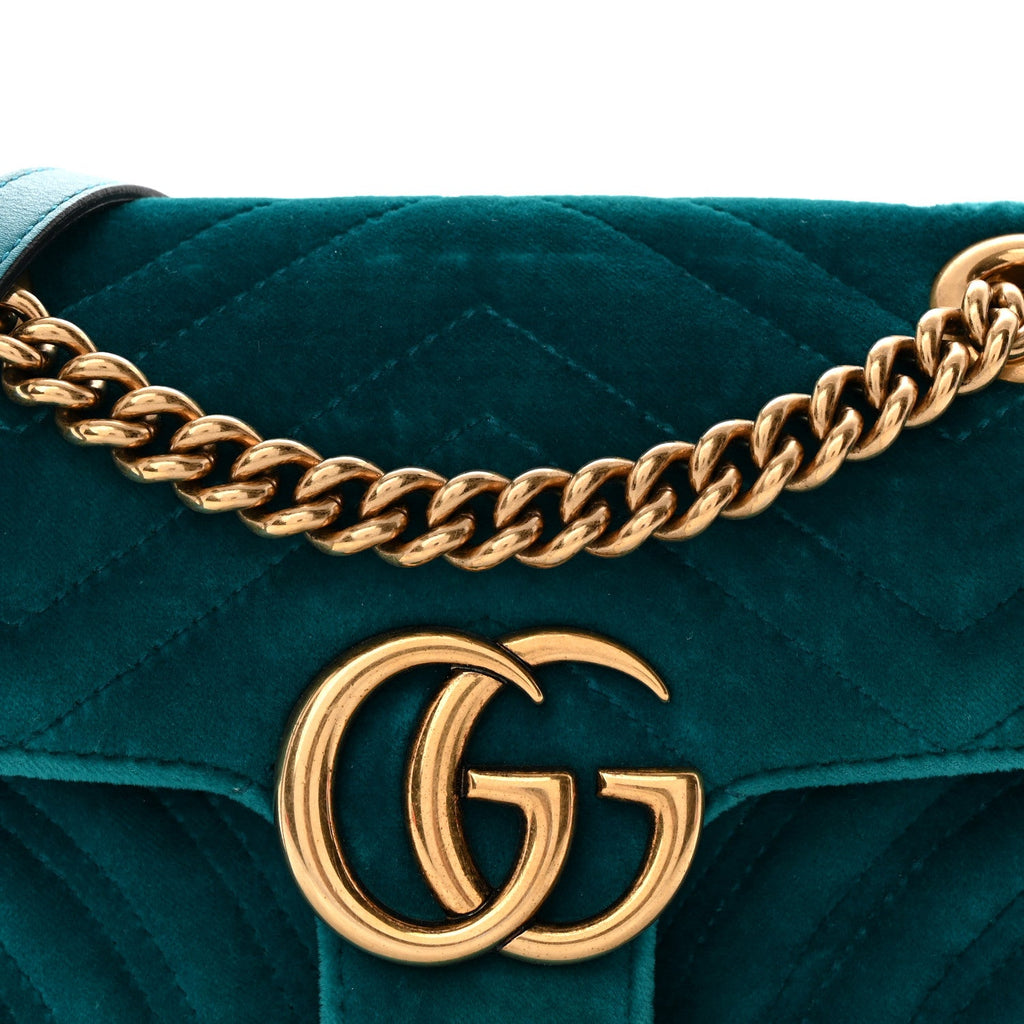 Gucci Velvet Matelasse Mini GG Marmont Shoulder Bag Pavone Cyan