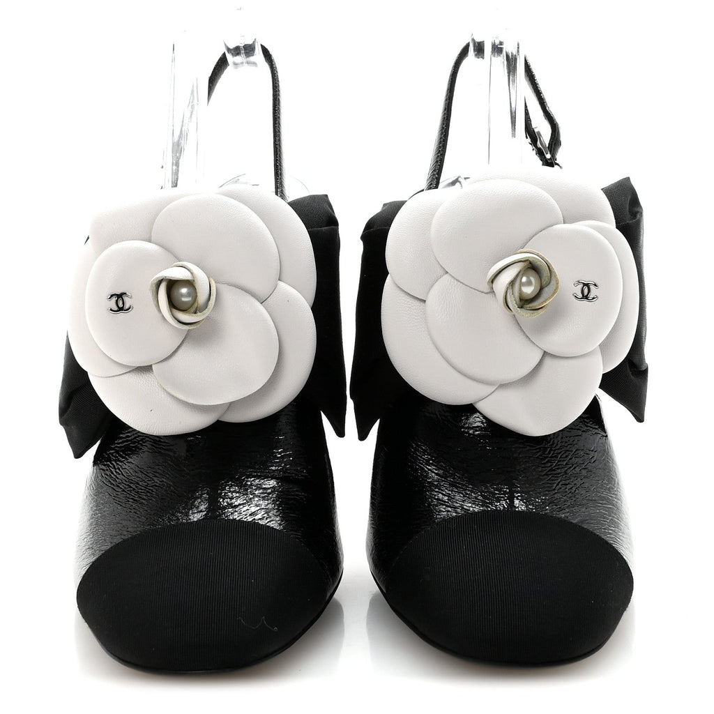 Crumpled Shiny Fabric Grosgrain Cap Toe Camellia Bow Slingback Pumps 39 Black