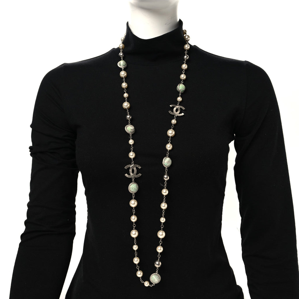 Pearl Beaded CC Long Necklace Silver Green