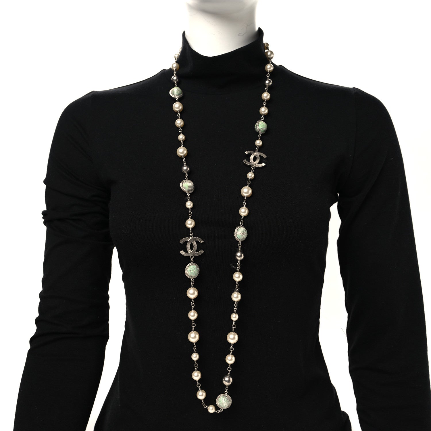 Pearl Beaded CC Long Necklace Silver Green
