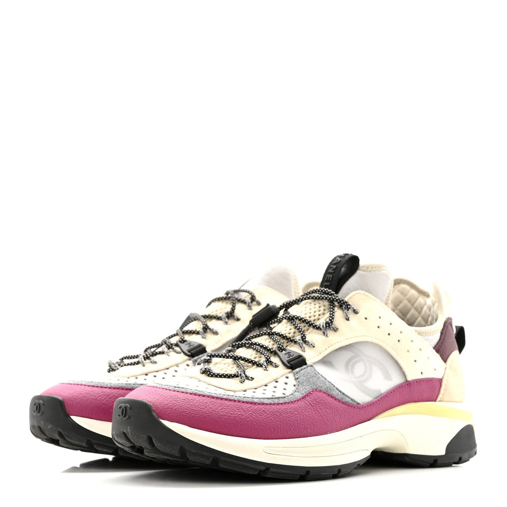 Fabric Suede Calfskin Mesh Womens CC Sneakers 40 Purple Ivory White