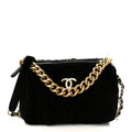 Chanel Velvet Camellia Embossed Barrel Clutch With Chain  Black
