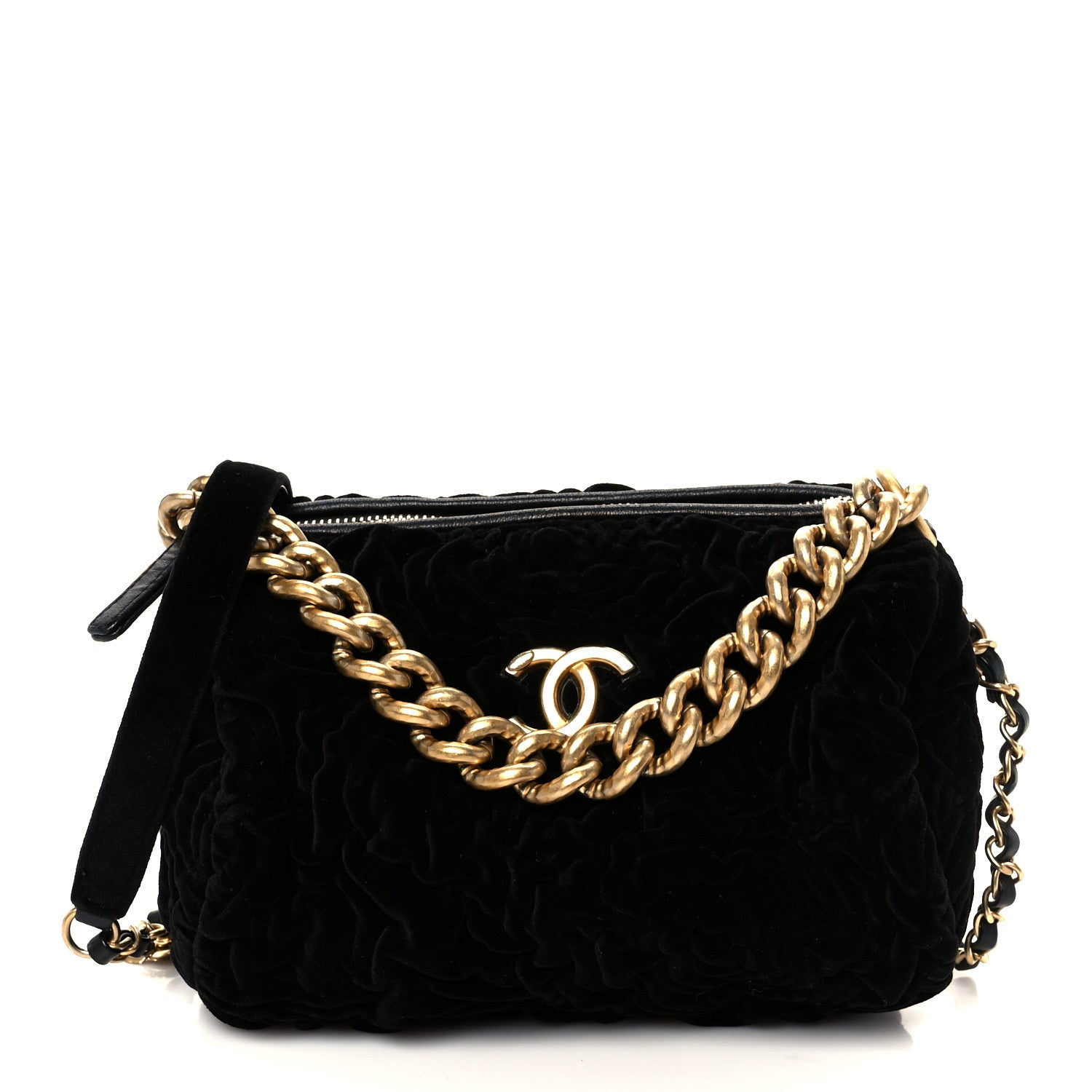 Chanel Velvet Camellia Embossed Barrel Clutch With Chain  Black