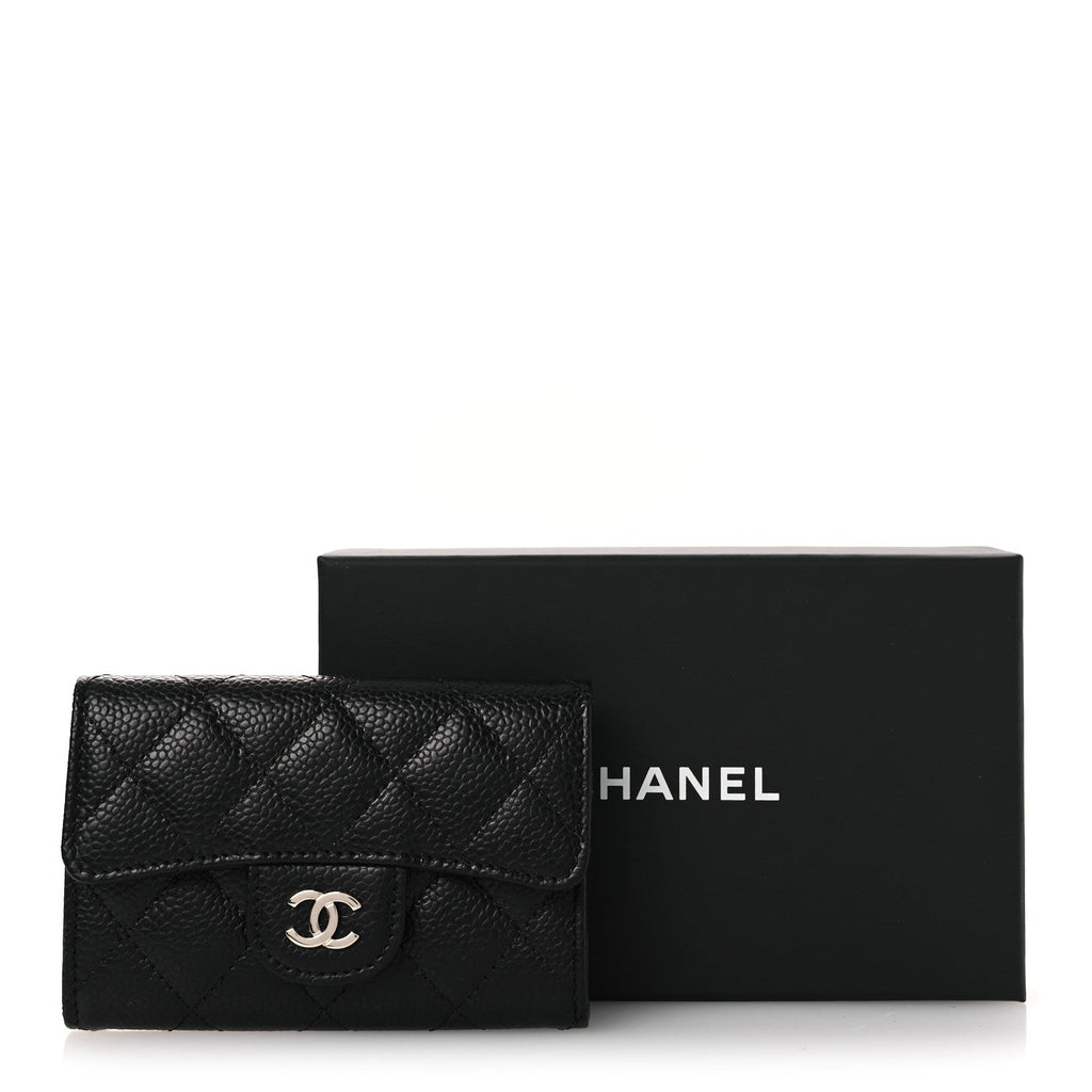 Caviar Quilted Flap Card Holder Wallet Black