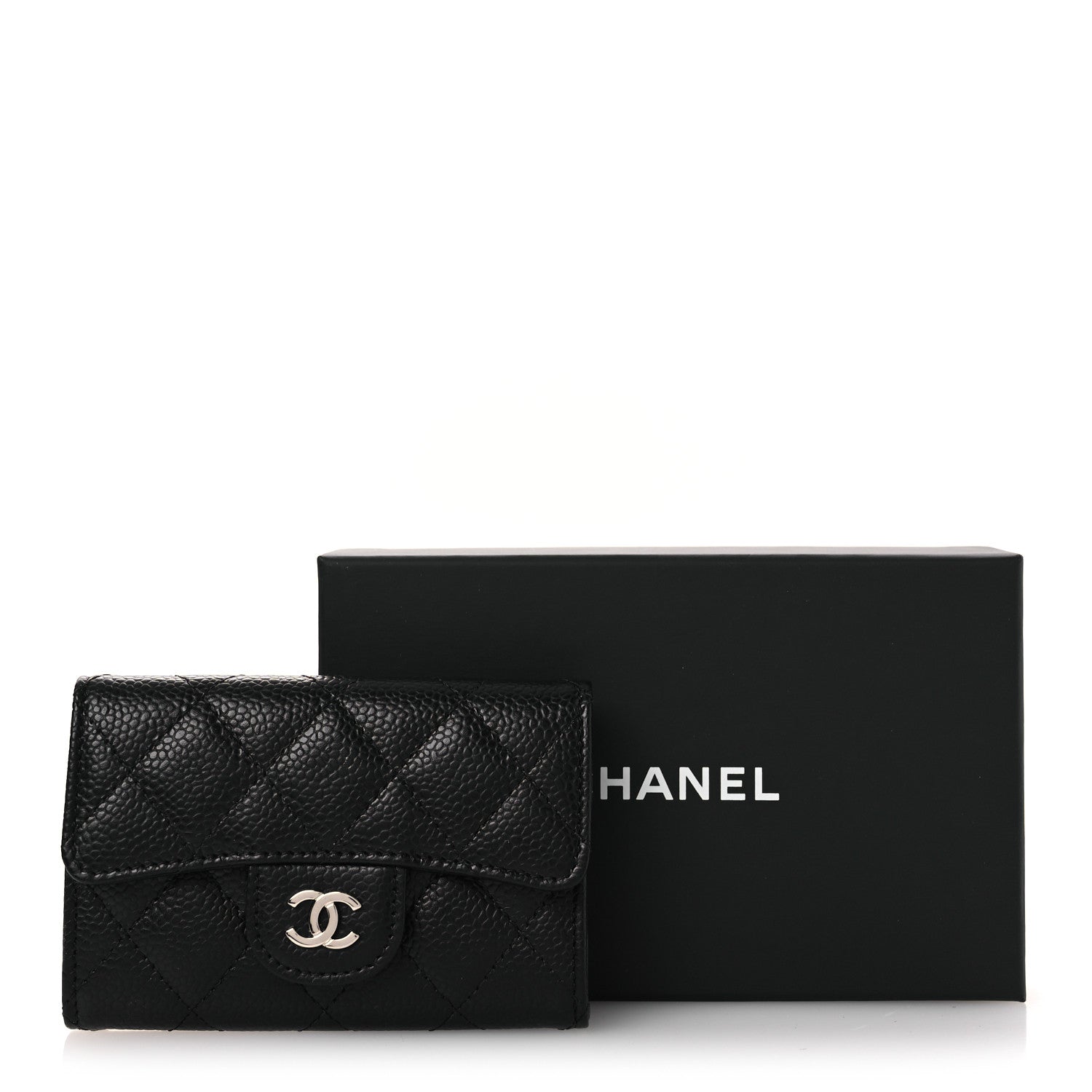 Caviar Quilted Flap Card Holder Wallet Black