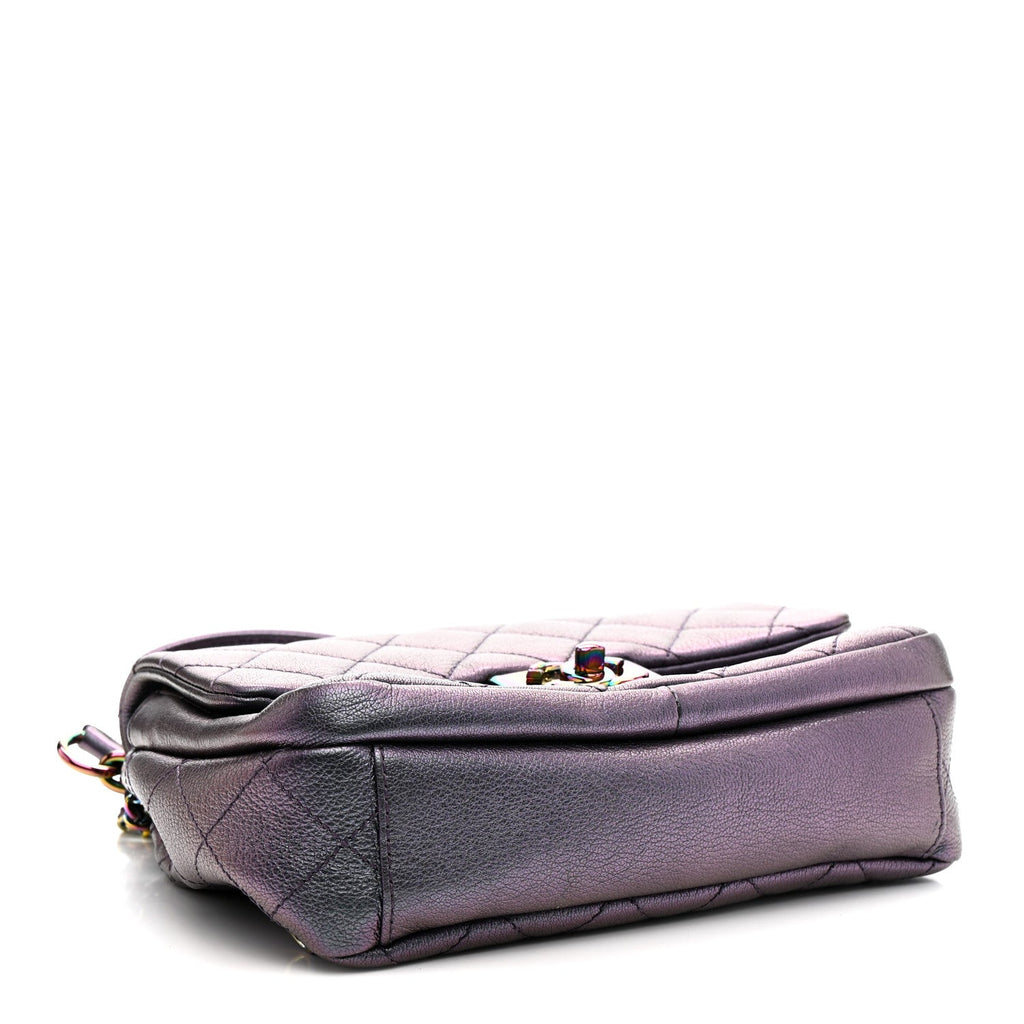 Chanel Iridescent Goatskin Quilted Small Double Carry Waist Chain Flap Purple