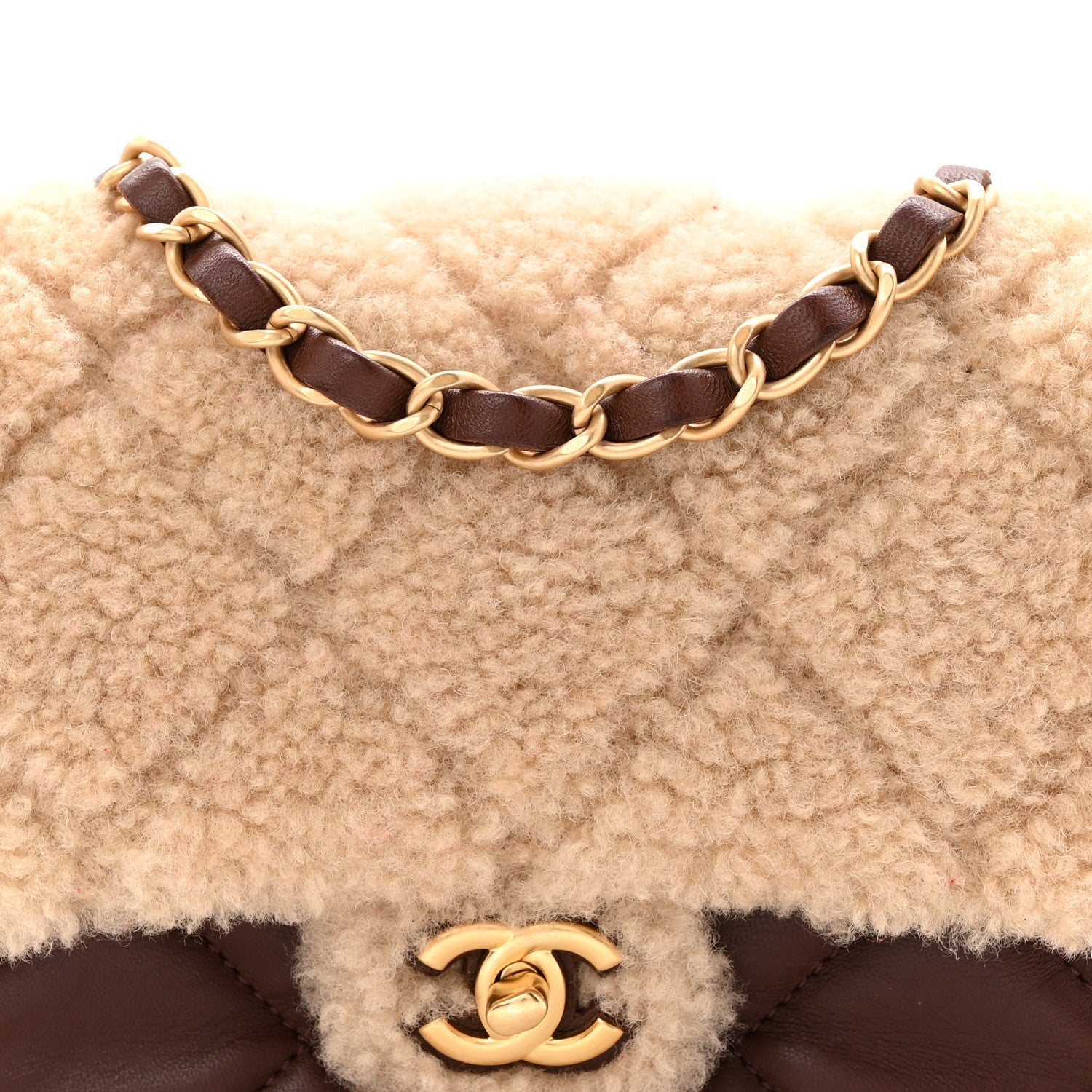 Chanel Shearling Lambskin Quilted Mini Furry Coco Flap Beige Dark Brown