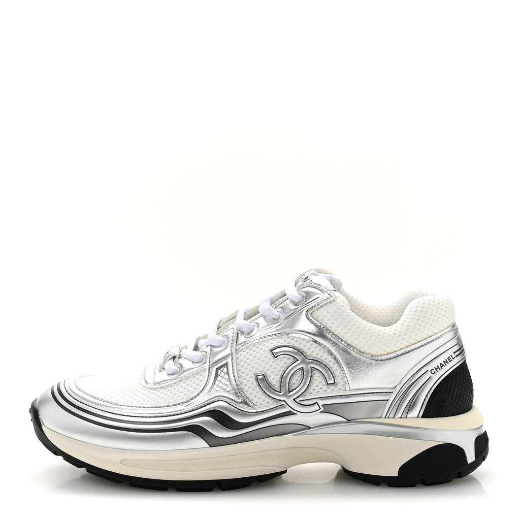 Fabric Laminated Calfskin Stretch CC Sneakers 39.5 White Silver