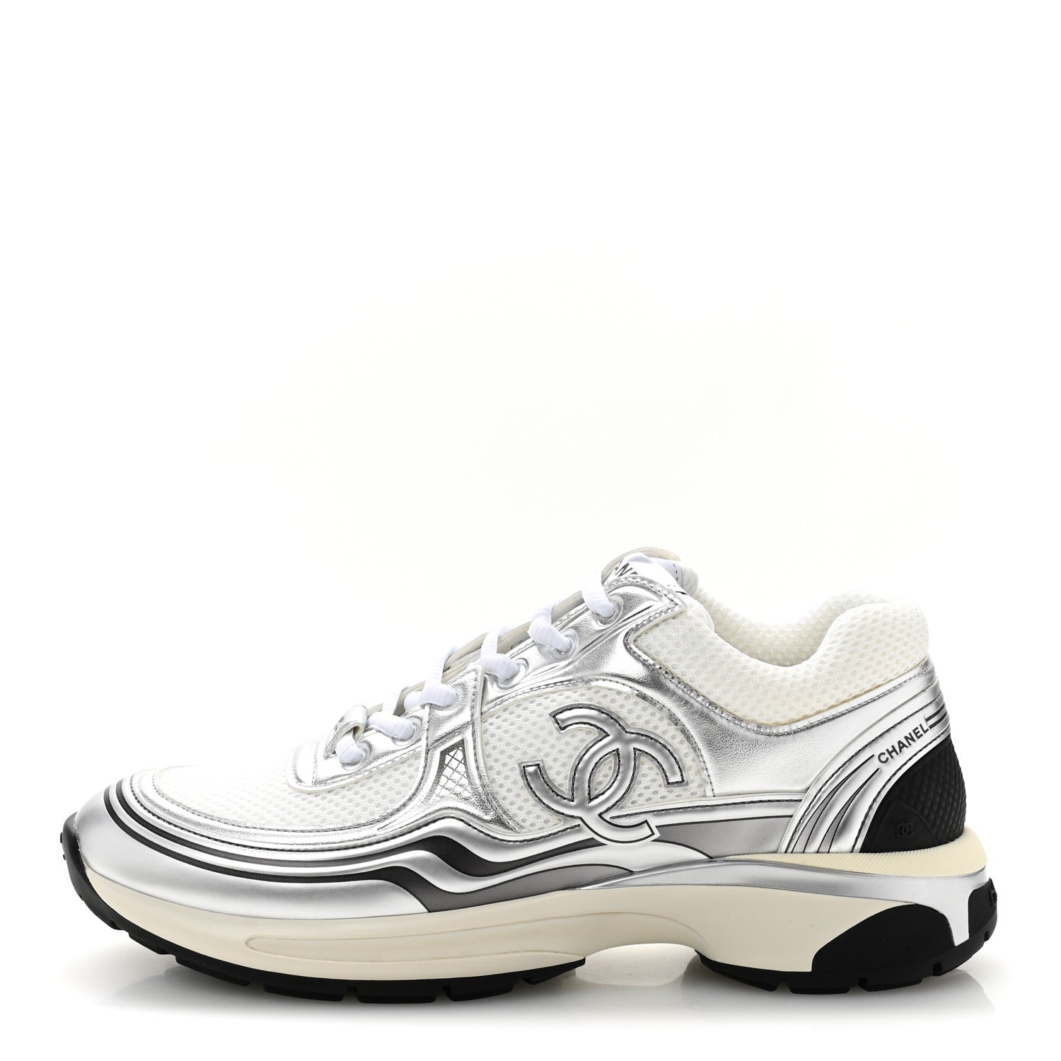 Fabric Laminated Calfskin Stretch CC Sneakers 39.5 White Silver