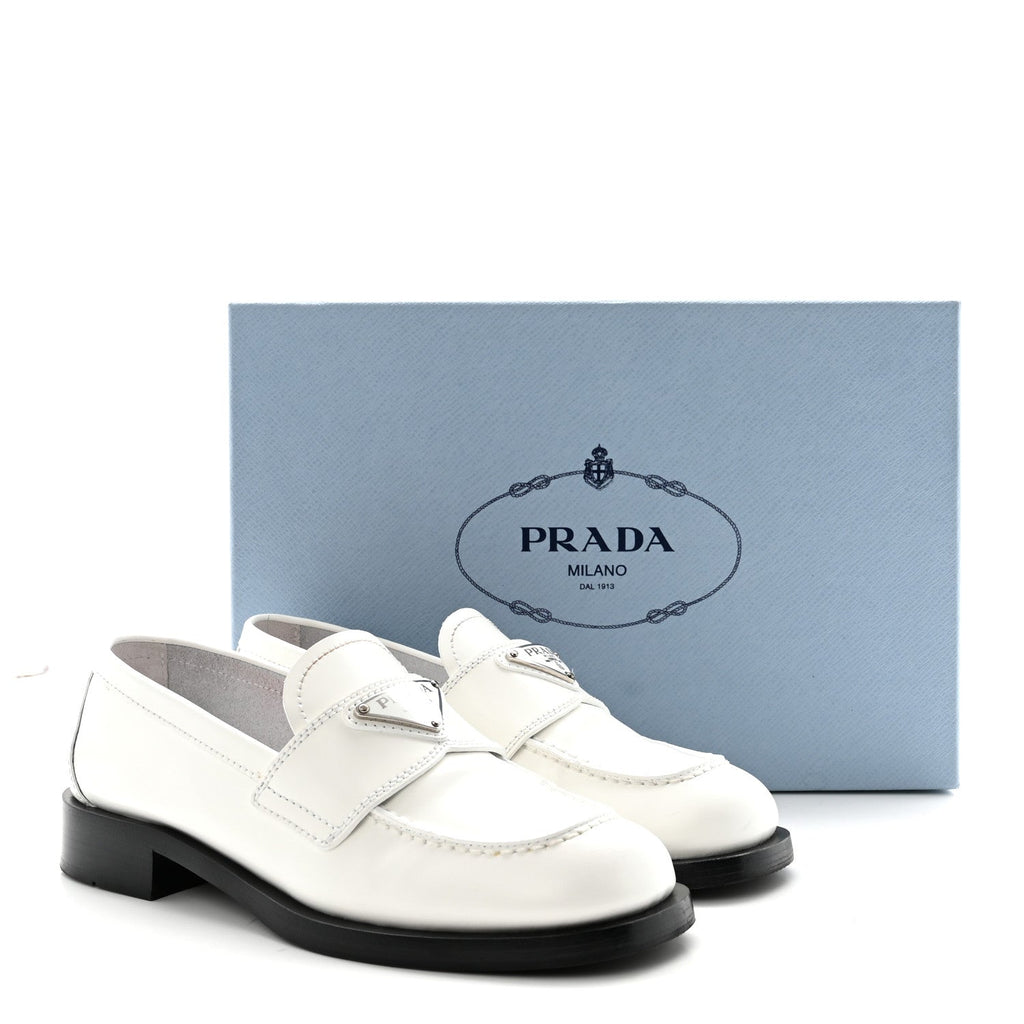 Prada Spazzolato Metal Triangle Logo 20mm Loafers 39 White