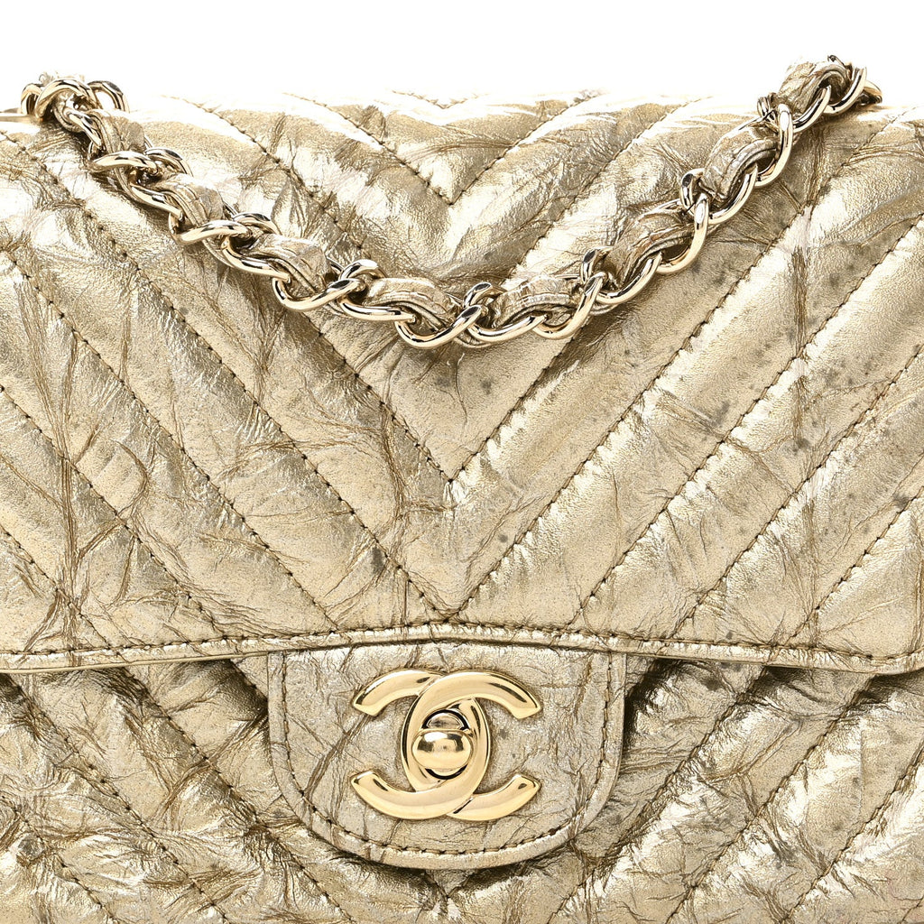 Chanel Patent Metallic Crumpled Calfskin Chevron Quilted Mini Square Flap Gold