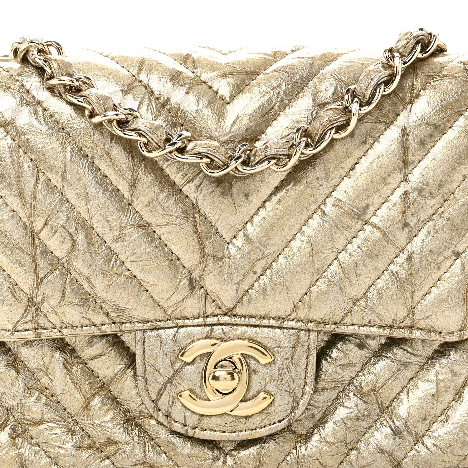 Chanel Patent Metallic Crumpled Calfskin Chevron Quilted Mini Square Flap Gold