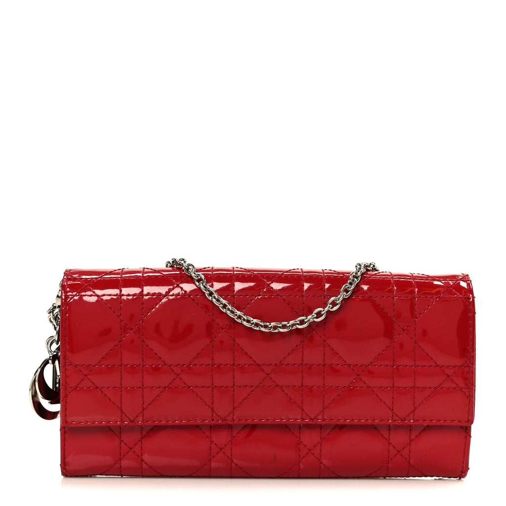 Christian Dior Patent Cannage Lady Dior Rendezvous Wallet On Chain Red