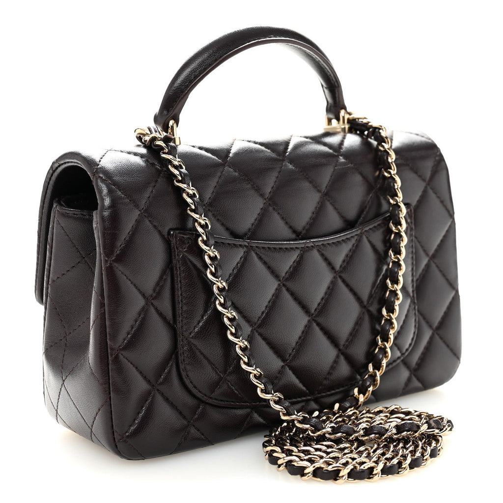 Chanel Lambskin Quilted Mini Top Handle Rectangular Flap Dark Purple