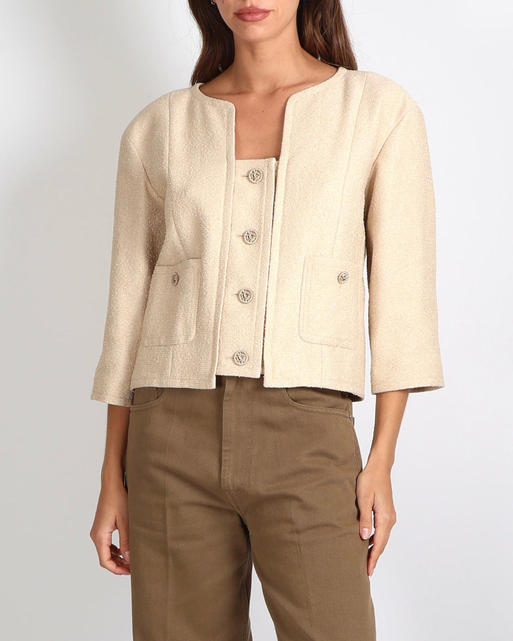 Chanel Cruise 2014 Beige and Metallic Gold Jacket with Gold CC Logo Buttons Size FR 42 (UK 14)