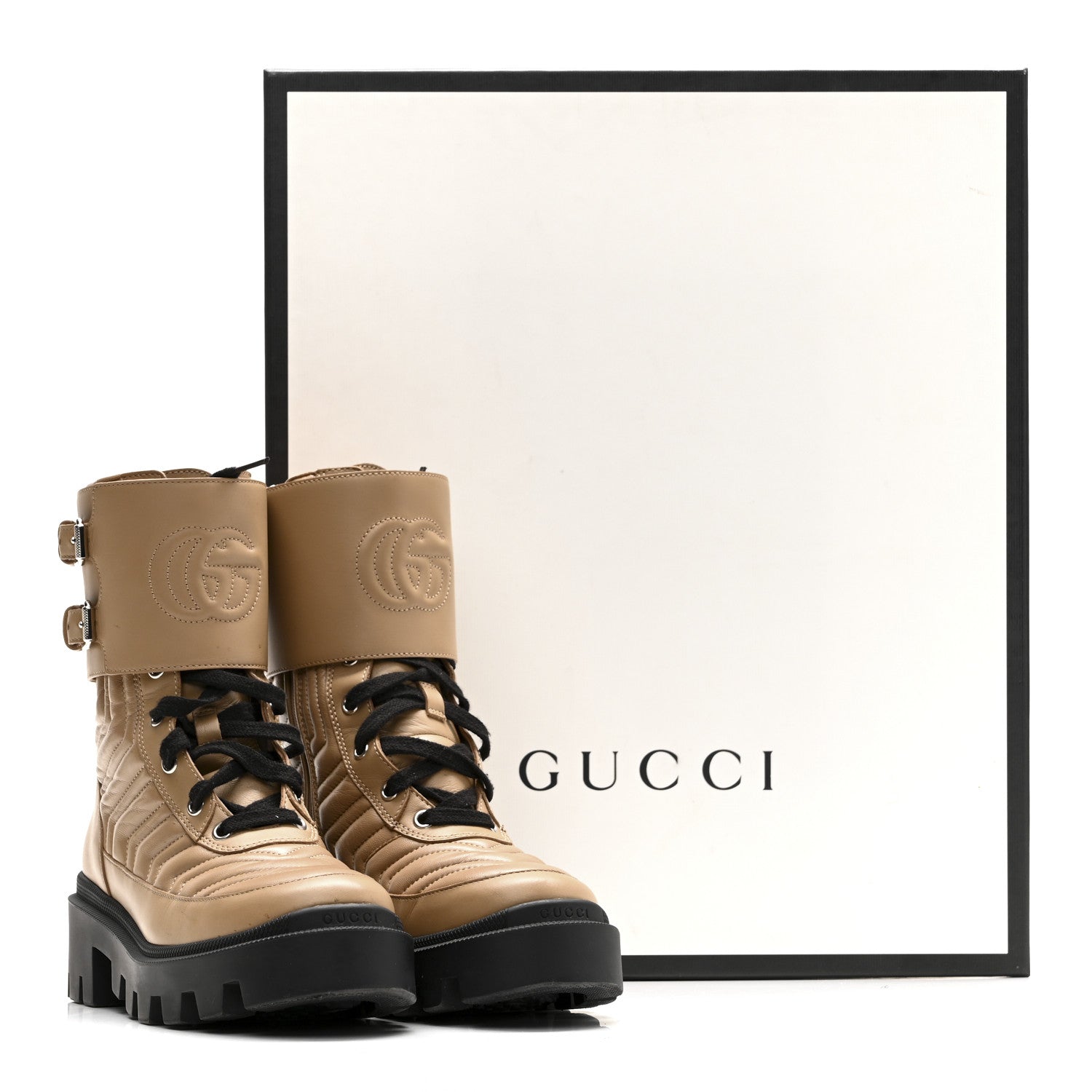 Gucci Nappa Frances GG Matelasse Platform Combat Boots 35 Natural Tan