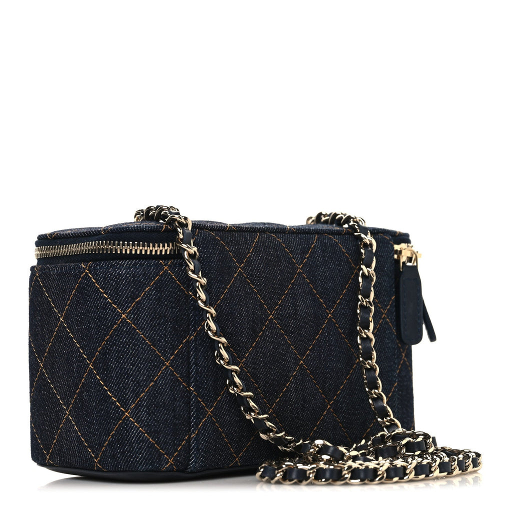 Chanel Denim Quilted Vanity Case With Chain Dark Blue