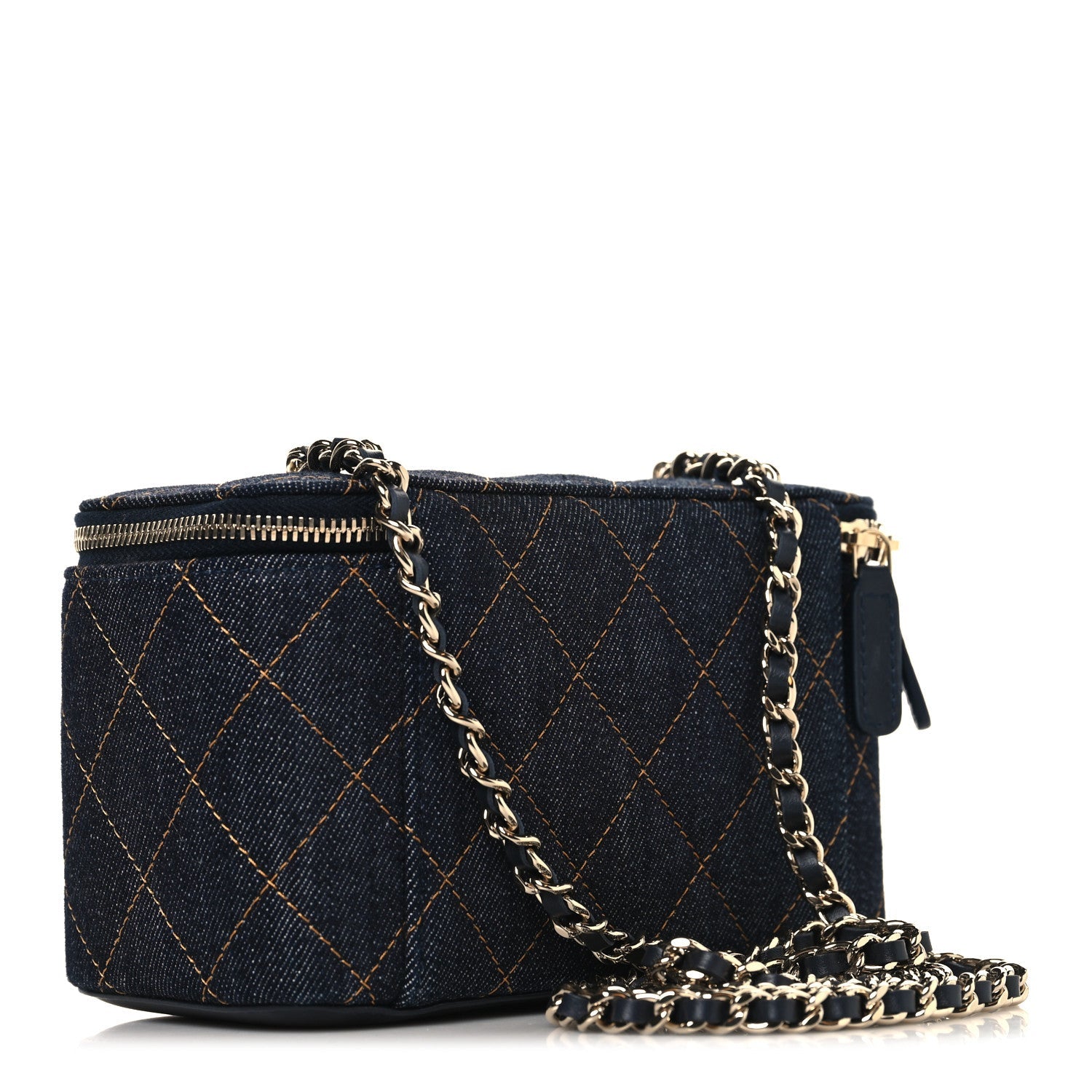 Chanel Denim Quilted Vanity Case With Chain Dark Blue
