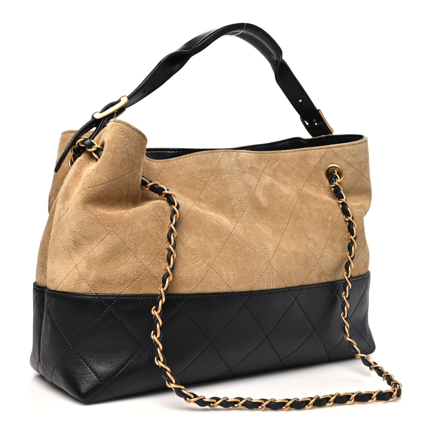 Chanel Suede Calfskin Shiny Lambskin Quilted Small Coco Base Shopping Bag Beige Black
