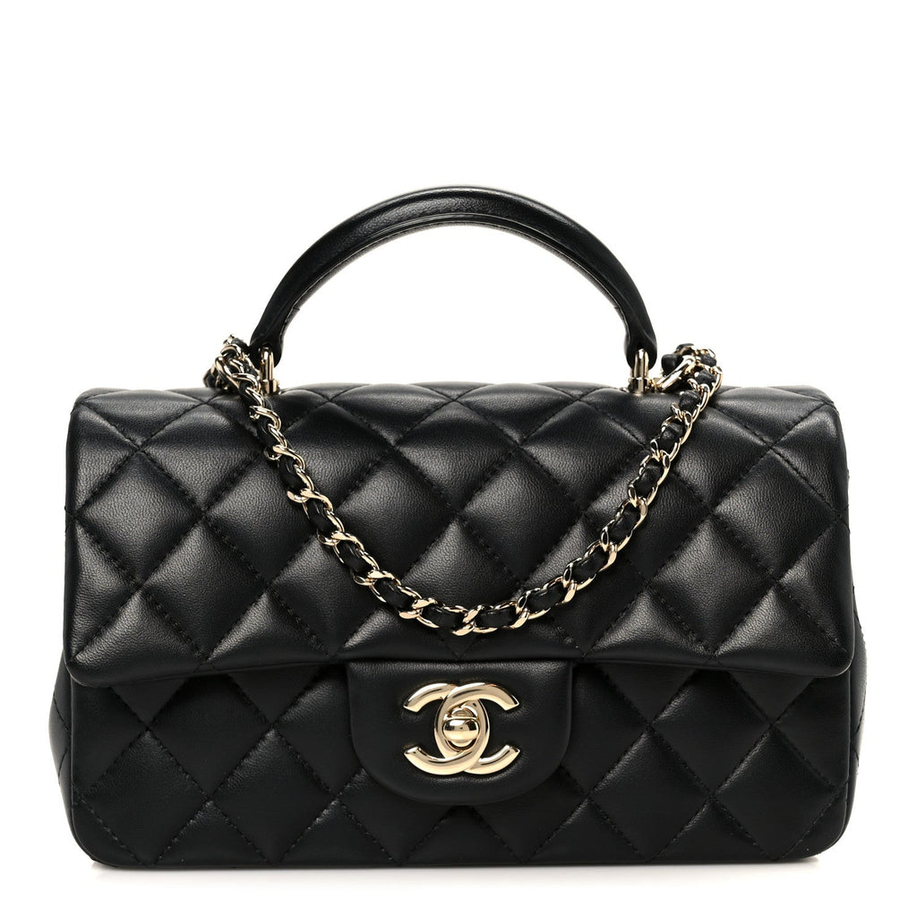 Chanel Lambskin Quilted Mini Top Handle Rectangular Flap Black