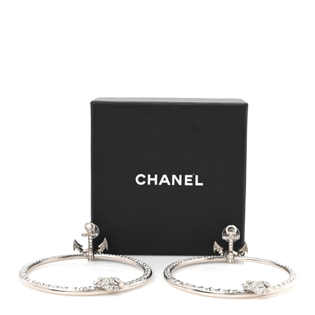 Crystal Anchor CC Hoop Earrings Silver