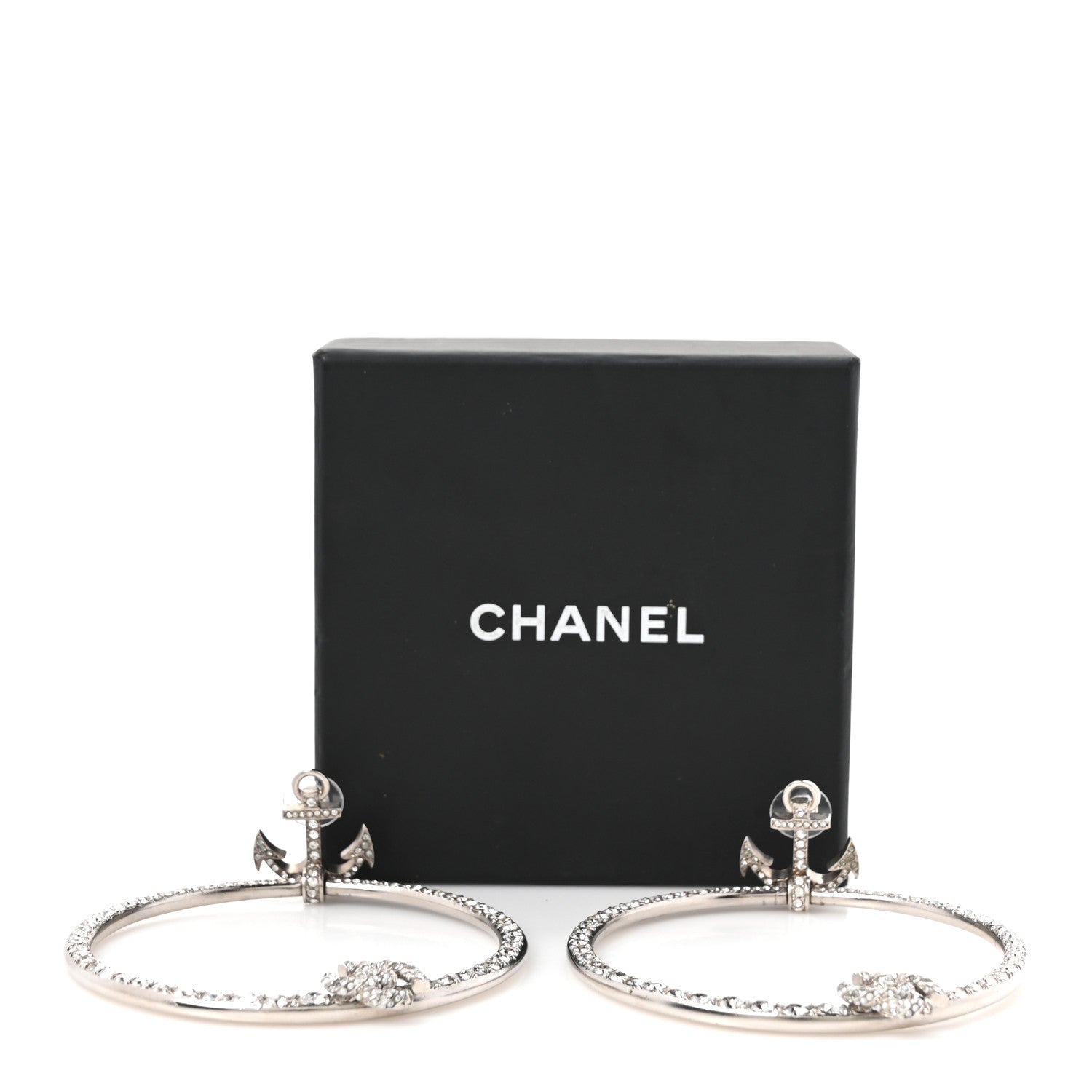 Crystal Anchor CC Hoop Earrings Silver