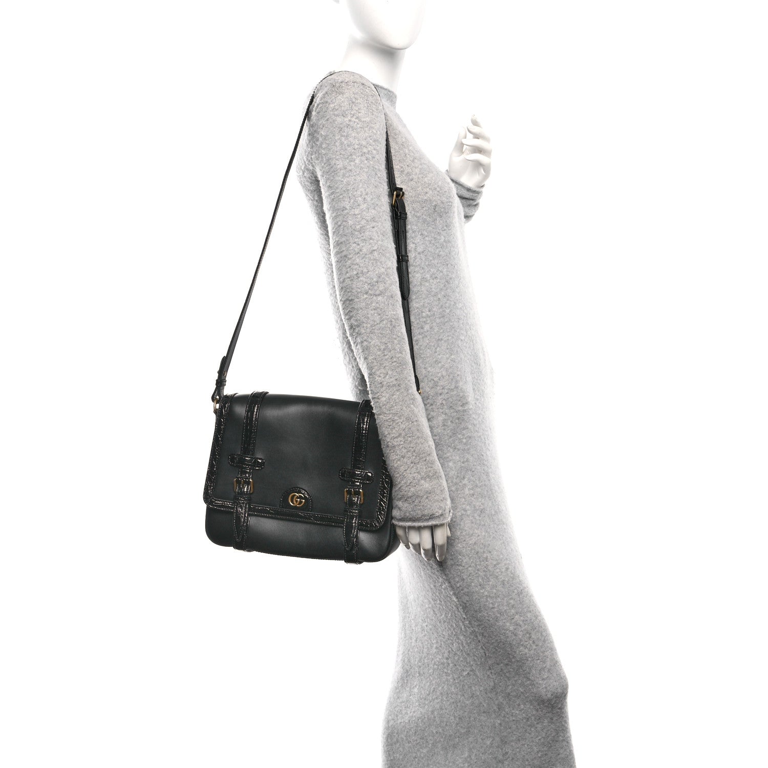 Gucci Calfskin Crocodile GG Double Buckle Medium Messenger Bag Black