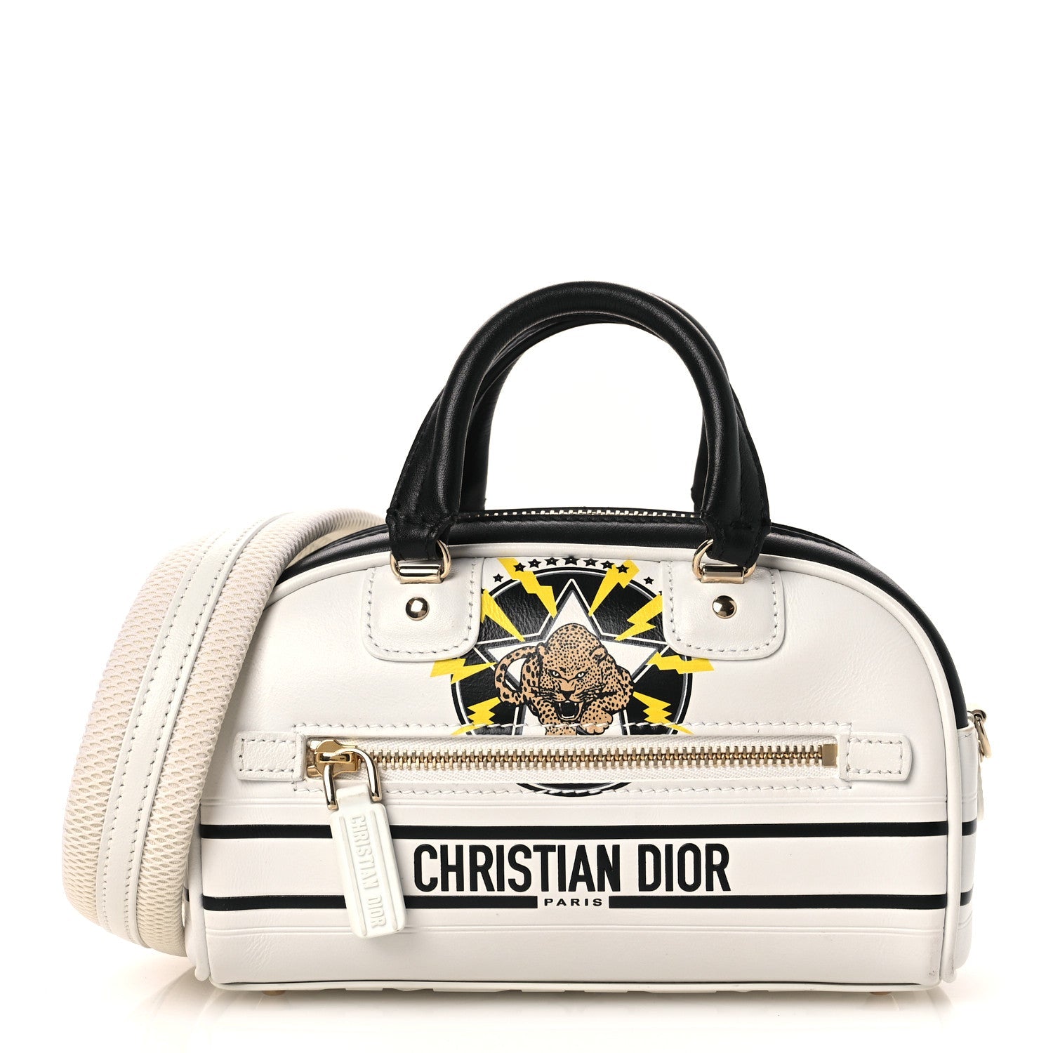 Christian Dior Calfskin Animal Print Micro Dior Vibe Zip Bowling Bag White Multicolor