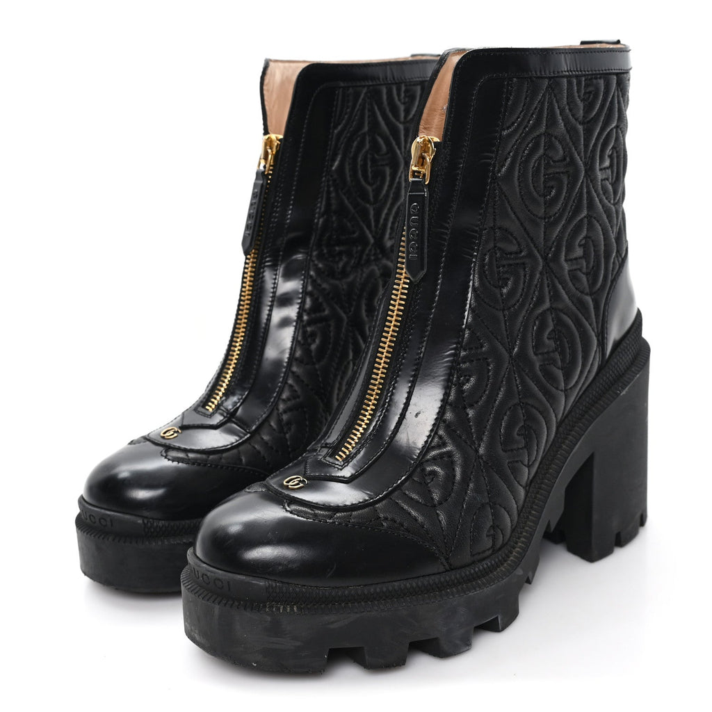 Gucci Calfskin Nappa Rhombus Quilted Trip Ankle Boots 36 Black