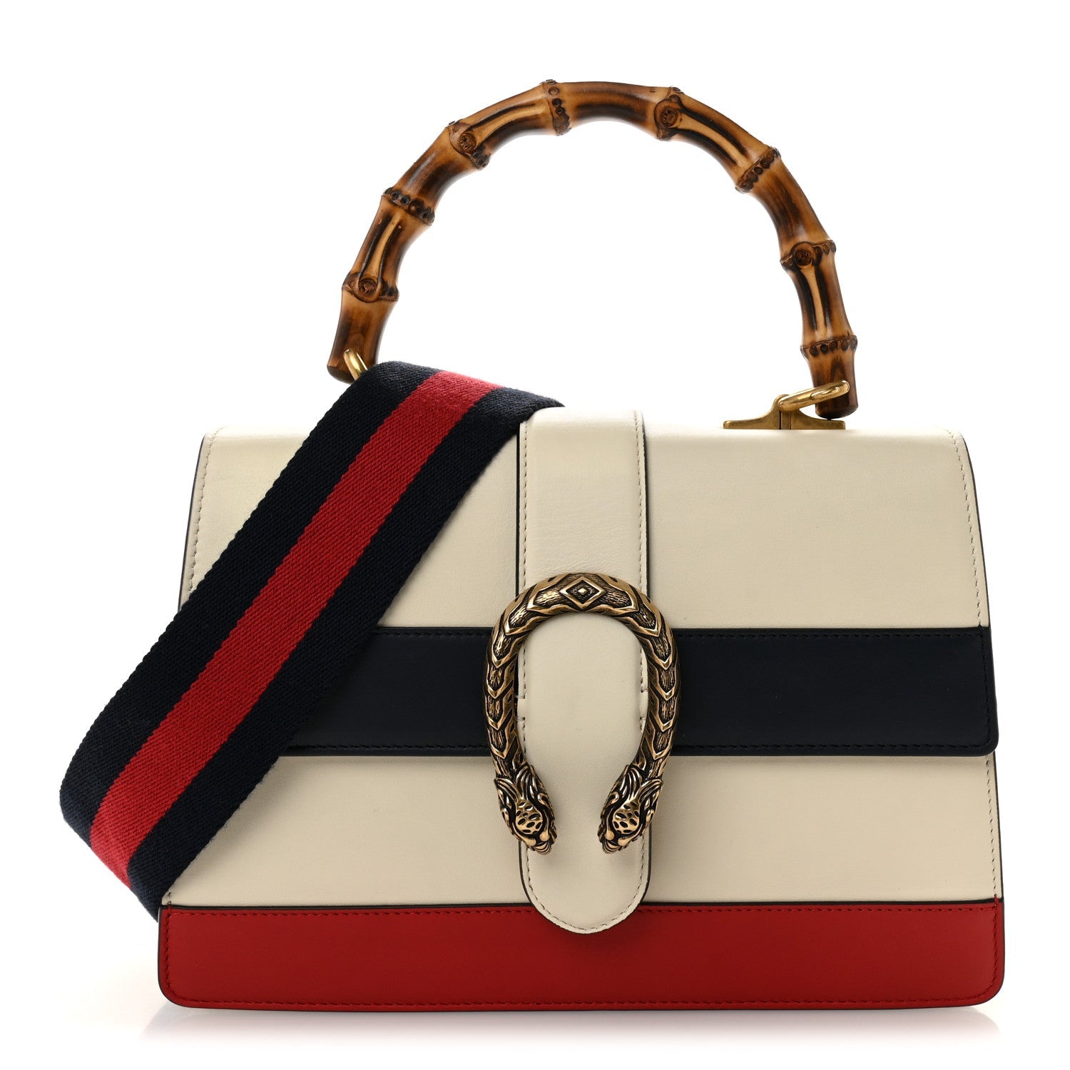 Gucci Calfskin Bamboo Web Medium Dionysus Top Handle Bag White Blue Hibiscus Red
