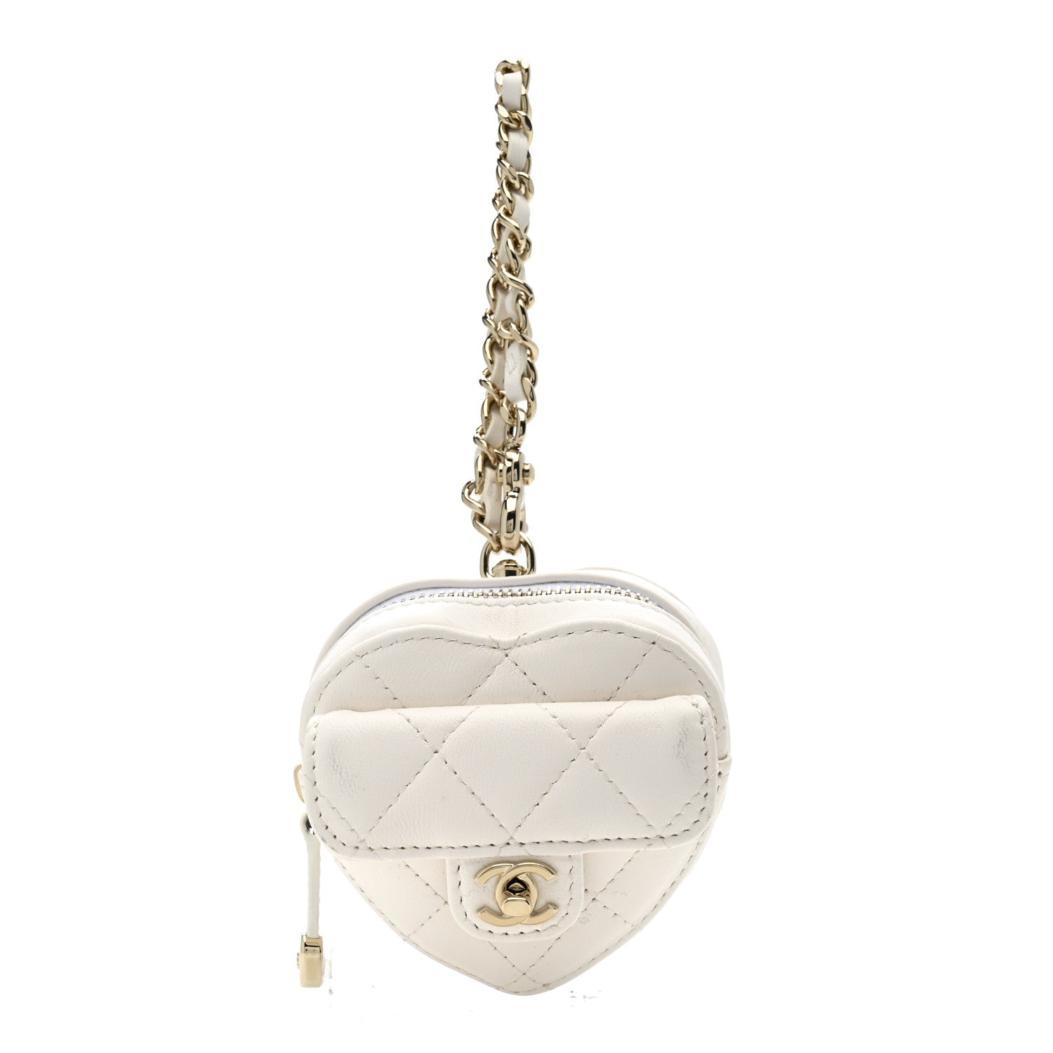 Lambskin Quilted CC Mini In Love Heart Bag Charm White