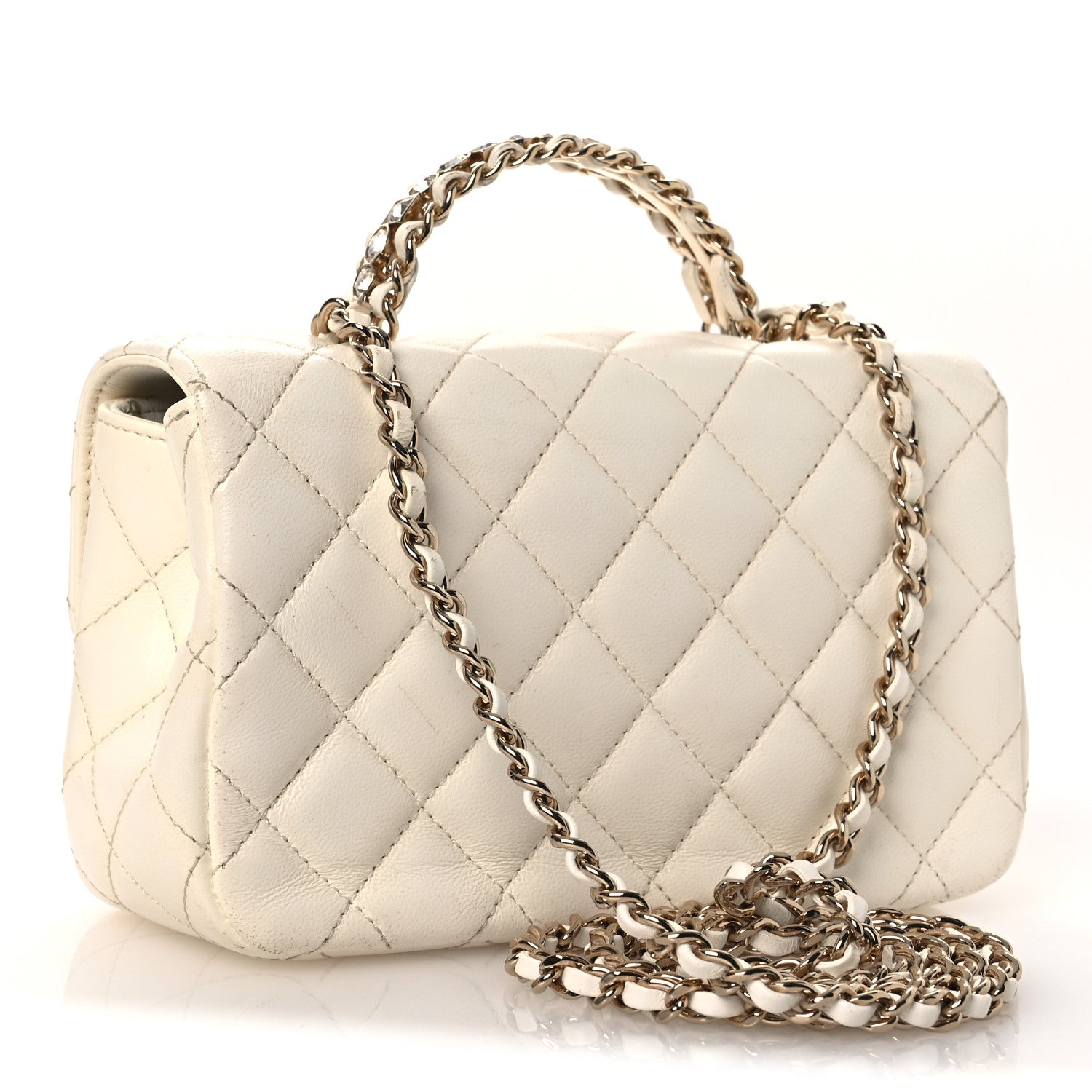 Chanel Lambskin Quilted Mini Crystal Top Handle Rectangular Flap White