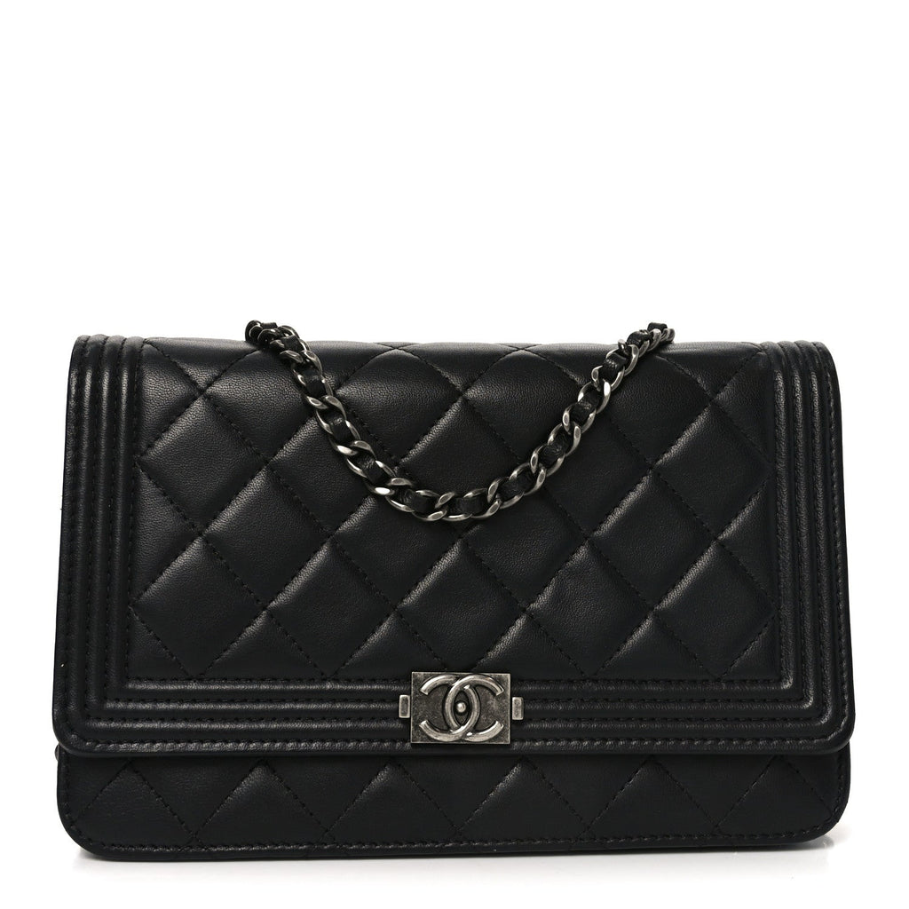 Chanel Lambskin Quilted Boy Wallet On Chain WOC Black