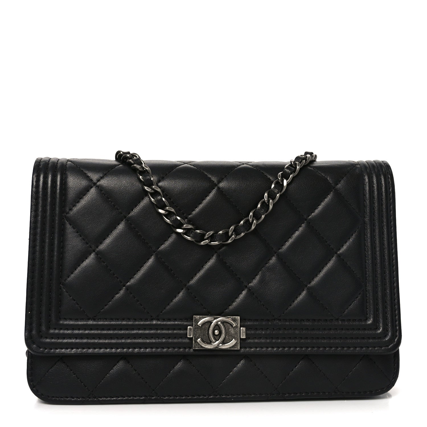 Chanel Lambskin Quilted Boy Wallet On Chain WOC Black