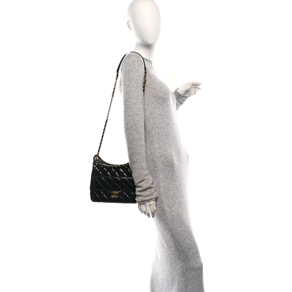 Chanel Shiny Crumpled Calfskin Quilted Wavy CC Hobo Black