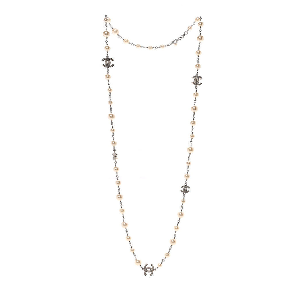 Graduated Pearl Crystal CC Long Necklace Silver