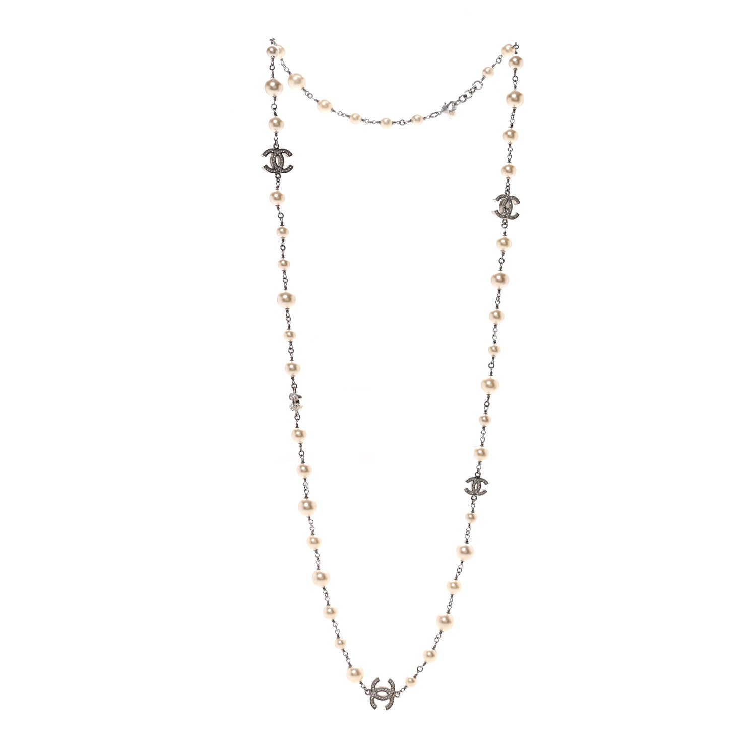 Graduated Pearl Crystal CC Long Necklace Silver