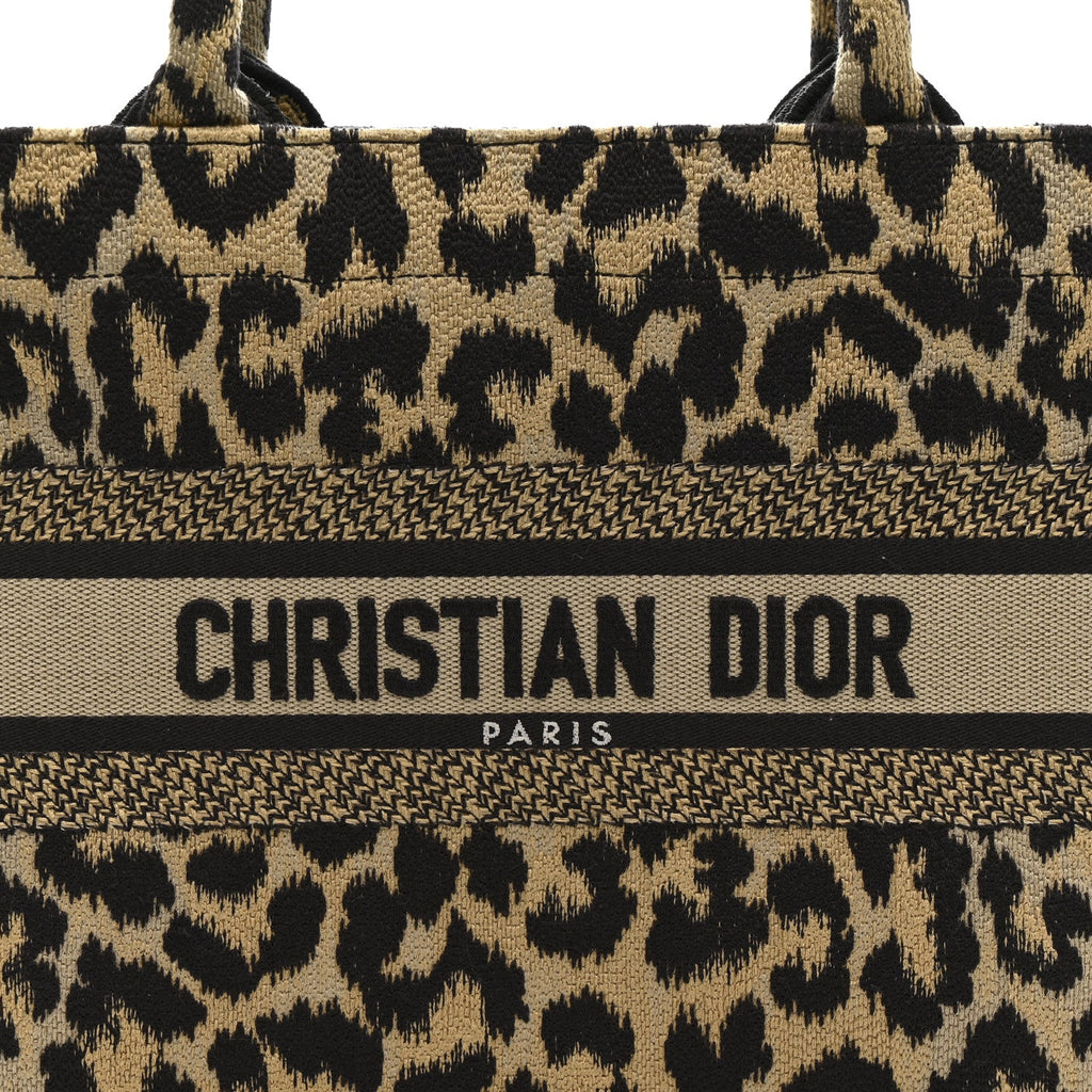 Christian Dior Canvas Mizza Embroidered Small Leopard Book Tote Beige