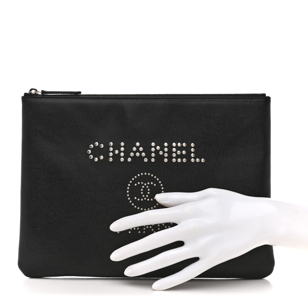 Caviar Studded Medium Deauville Pouch Black