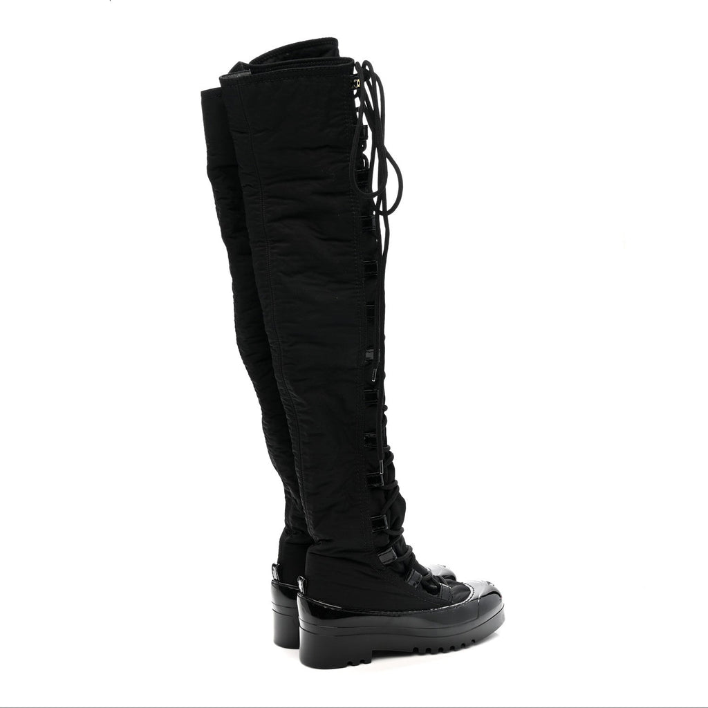 Nylon Rubber CC Lace Up Thigh High Boots 40 Black