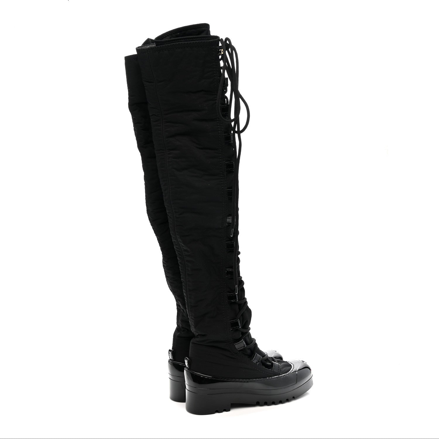 Nylon Rubber CC Lace Up Thigh High Boots 40 Black