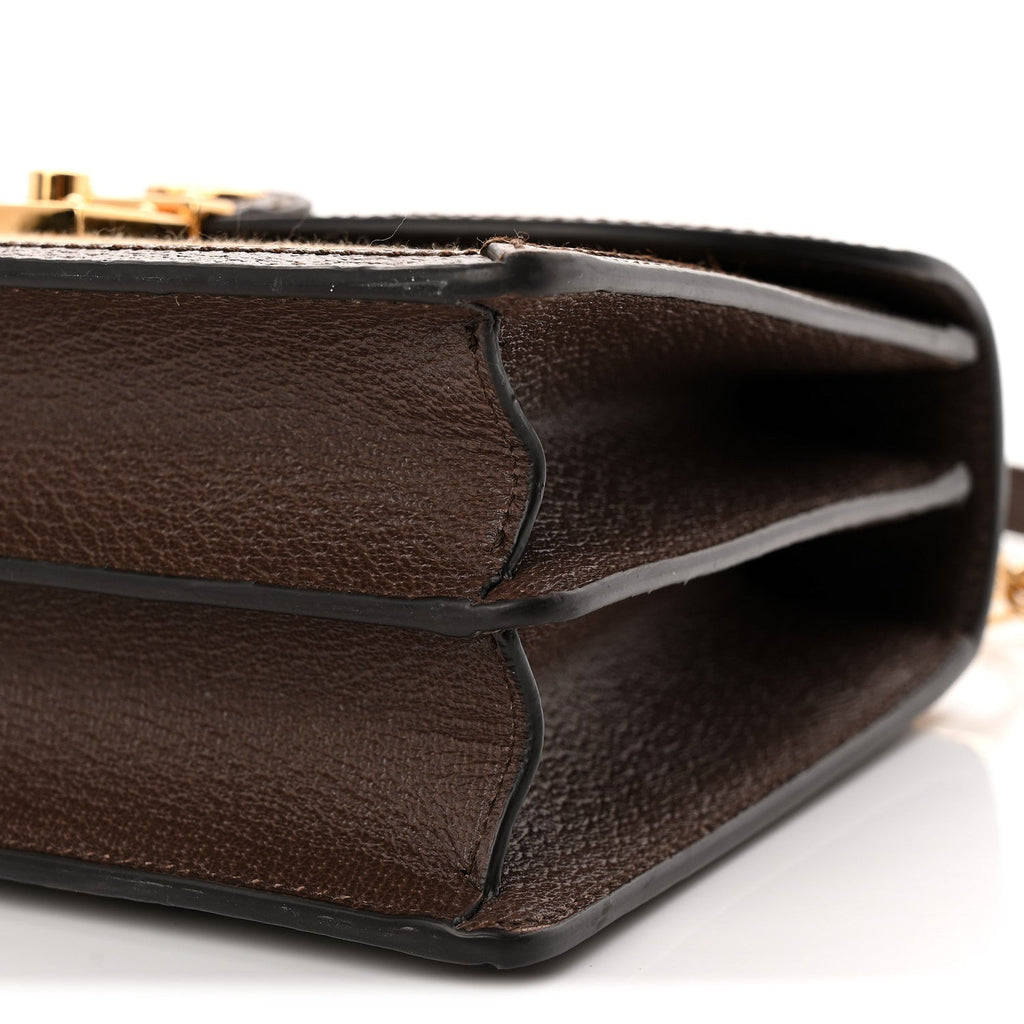 Gucci Monogram Jumbo GG Textured Dollar Calfskin Web Small Ophidia Padlock Top Handle Bag Camel Ebony New Acero