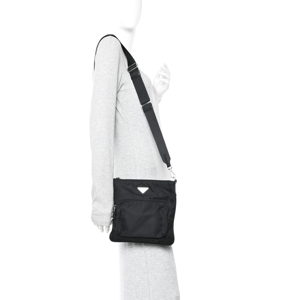 Prada Tessuto Nylon Saffiano Flat Messenger Bag Black