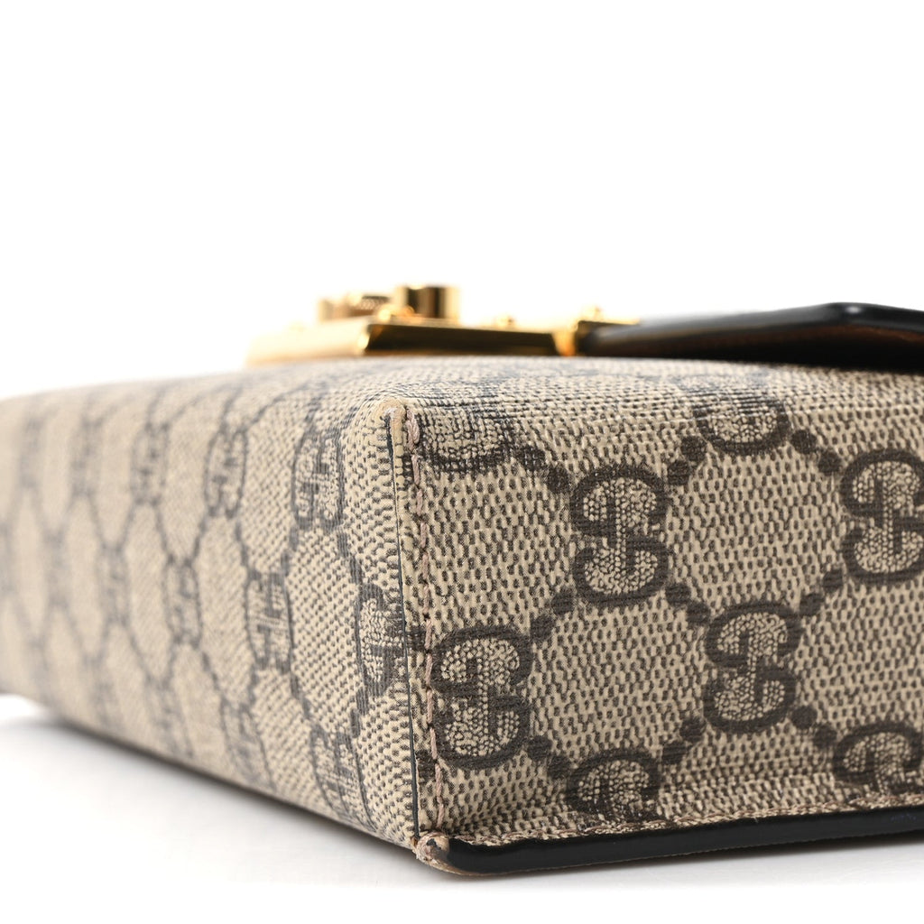 Gucci GG Supreme Monogram Calfskin Mini Padlock Top Handle Shoulder Bag Beige Black Cuir