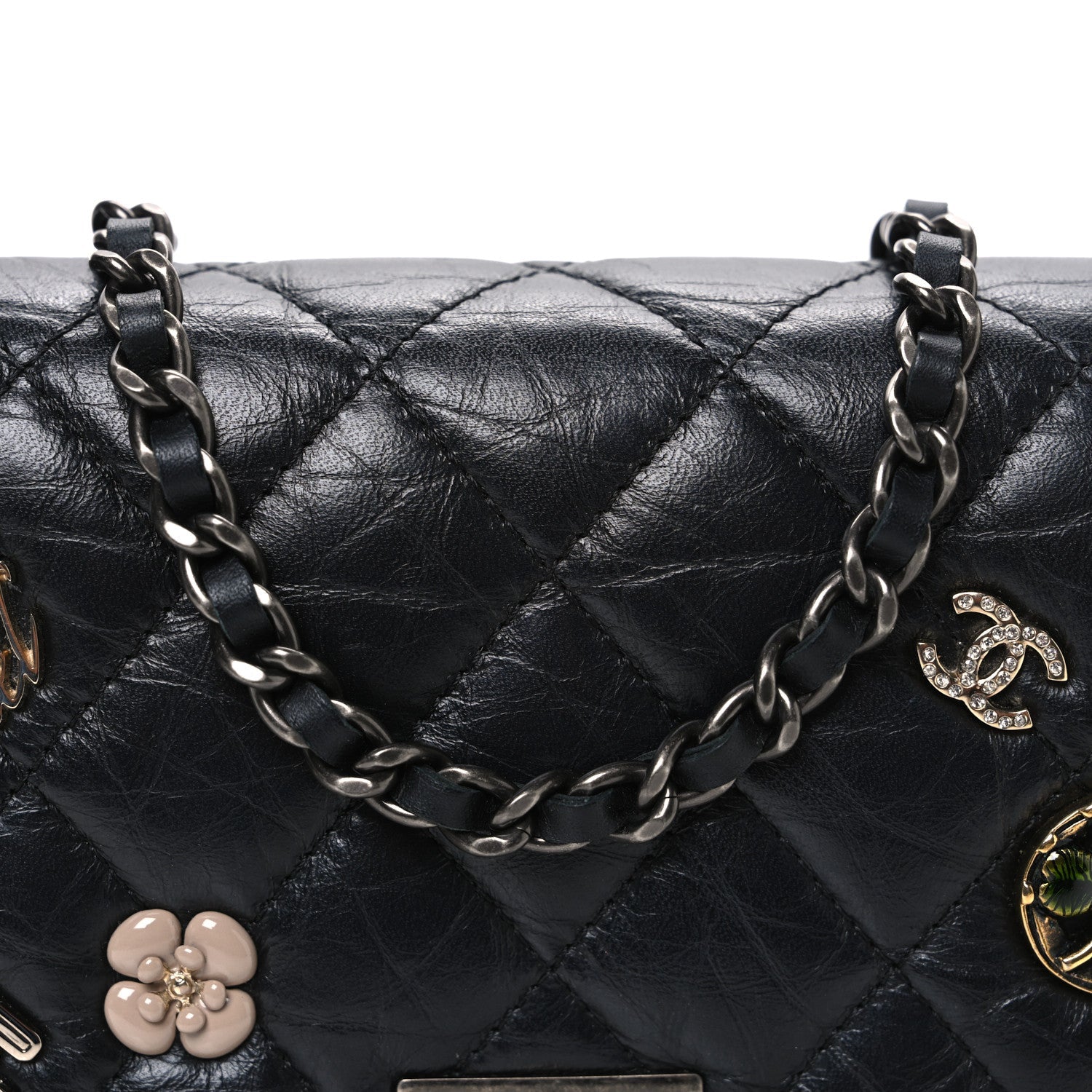 Chanel Aged Calfskin Quilted Lucky Charms 2.55 Reissue Wallet On Chain WOC Black