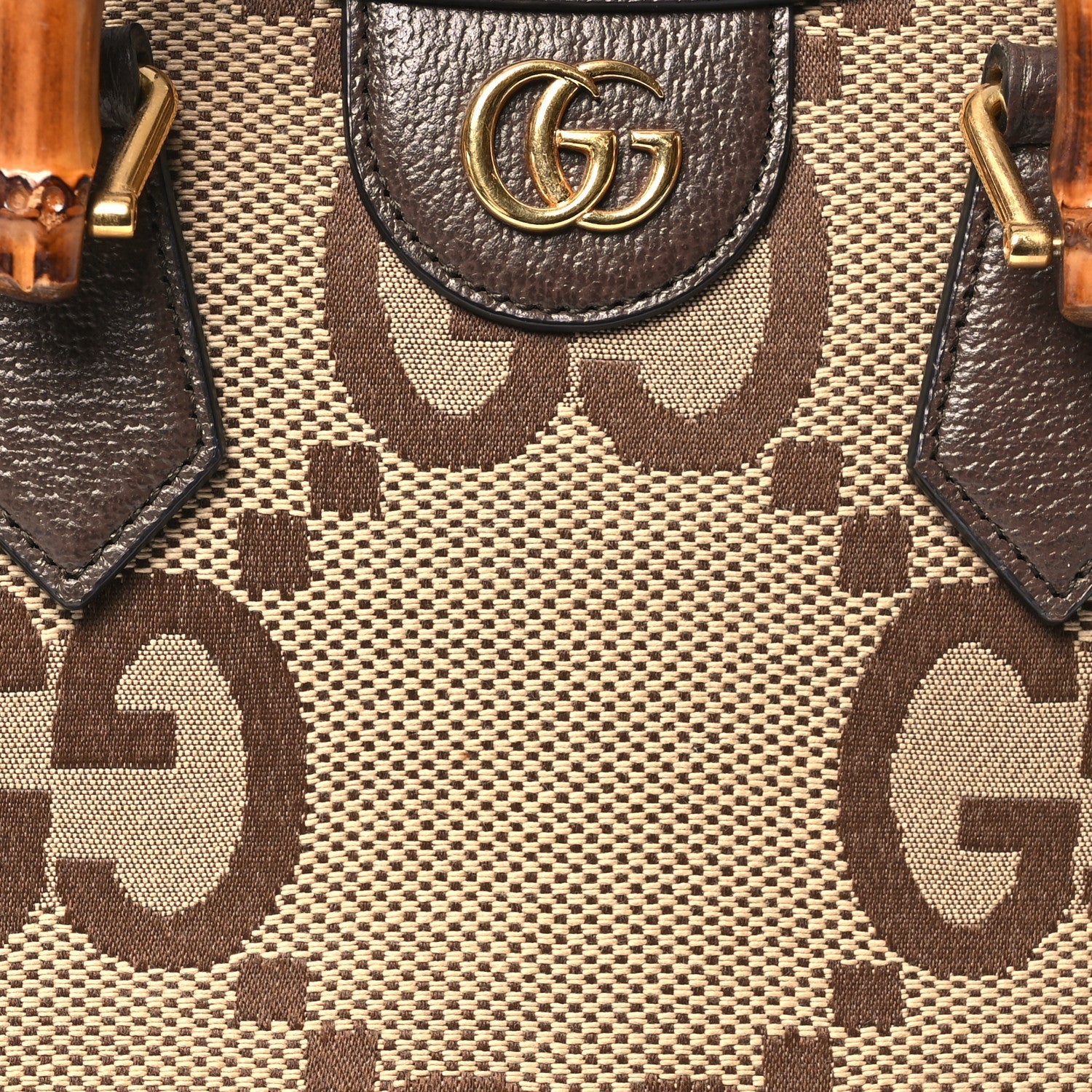 Gucci Monogram Jumbo GG Textured Dollar Calfskin Small Diana Tote Bag Camel Ebony New Acero